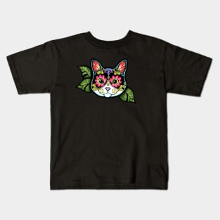 Tuxedo Cat - Day of the Dead Black and White Sugar Skull Kitty Kids T-Shirt